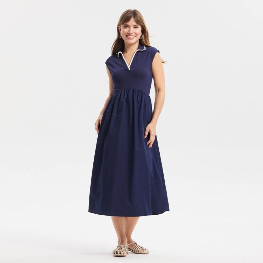 Navy Sleeveless Polo Midi Dress with Contrast Trim